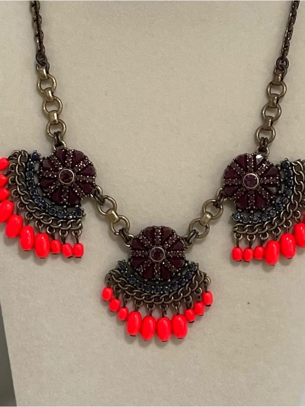 J Crew Statement Purple Blue Neon Coral Floral Necklace Boho Glam Festival